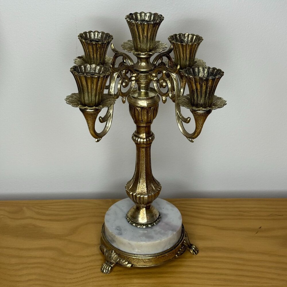 Vintage Victorian Metal Candelabra Marble Base Art Deco Gold Tone 12.5"tall.